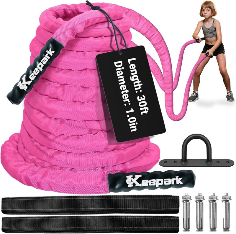 Keepark Battle Ropes for Home Gym 1 Inch Diameter 30FT Length Workout Rope Exercise Rope Training Ropes with Protective Sleeve for Kids Men Women Exercise Fitness & Strength Training-Pink - Image 1